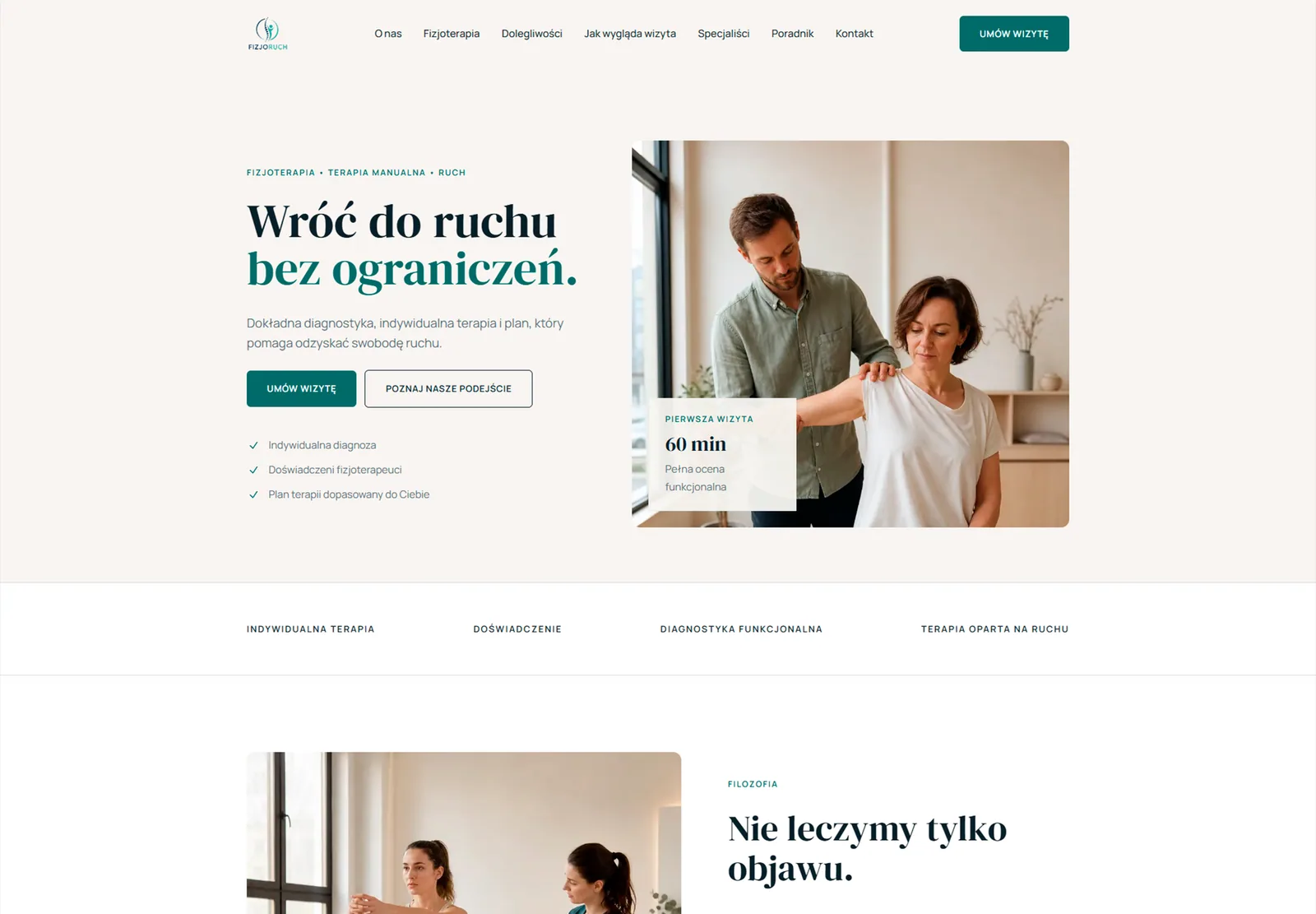 Projekt strony gabinetu FizjoRuch - widok sekcji usług