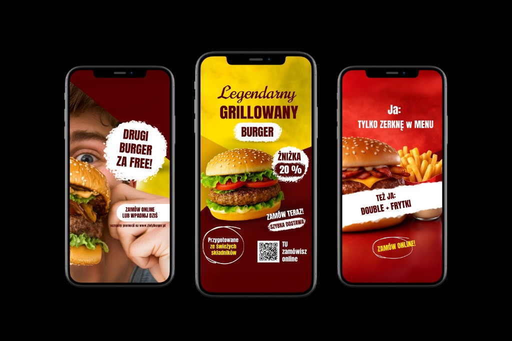 Zestaw grafik Złoty Burger na mockupach telefonów