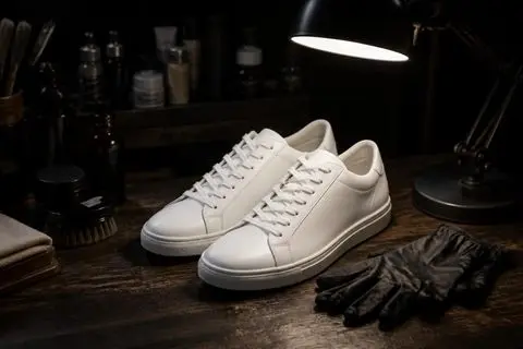 Odnowione białe sneakersy na stole warsztatowym
