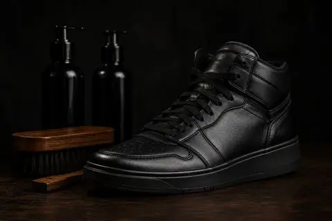 Czarny skórzany sneakers po renowacji ze szczotką i kosmetykami