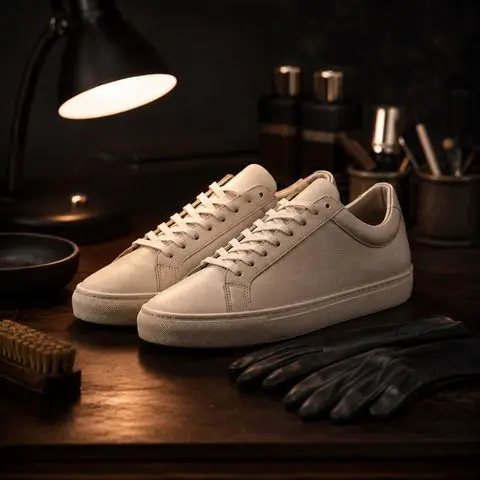 Odnowione kremowe sneakersy na stole pracowni