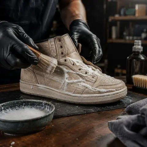 Czyszczenie beżowego sneakersa wysokiego pianą i szczotką