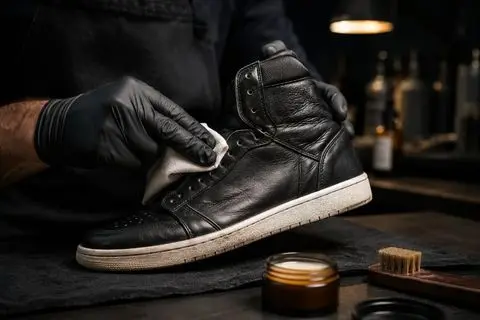 Czyszczenie czarnego sneakersa wysokiego ściereczką