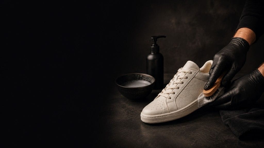 Ręce w czarnych rękawiczkach czyszczą kremowe sneakersy drewnianą szczotką