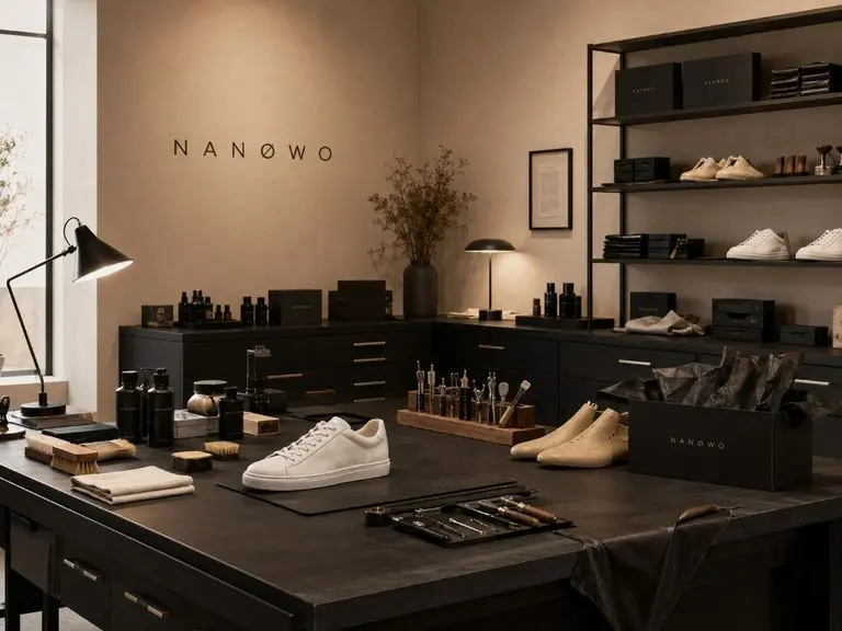 Pracownia NANØWO: biały sneaker, narzędzia i opakowanie na stole warsztatowym